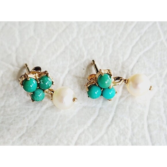 Vintage 14k Yellow Gold Bead Turquoise & 5.9mm Pearl Floral Dangle Earrings 2.1g - Picture 3 of 12